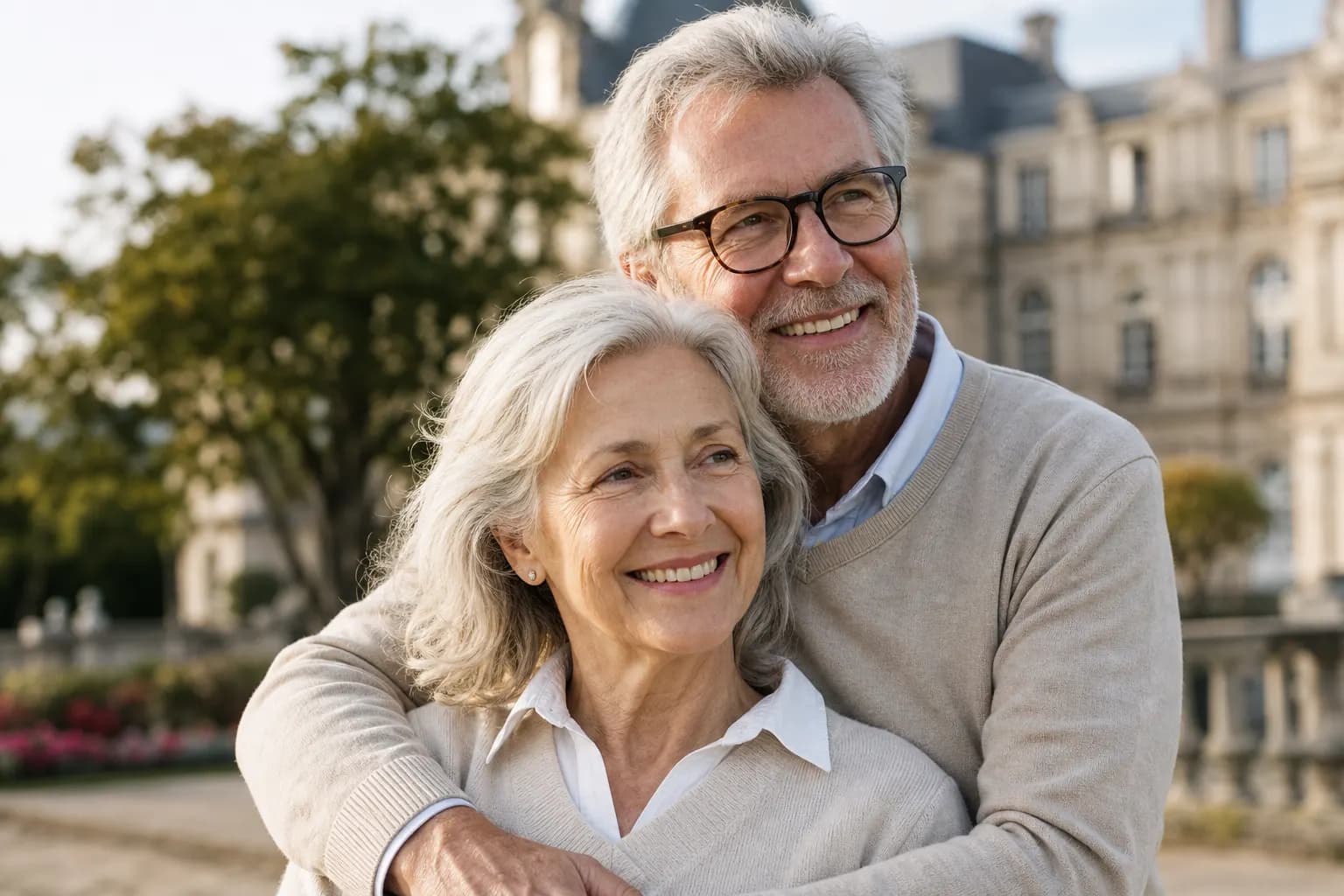 Couple de seniors souriant dans un parc